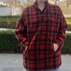 VTG Red & Black Plaid 1/4 Zip Fleece Pullover sz L